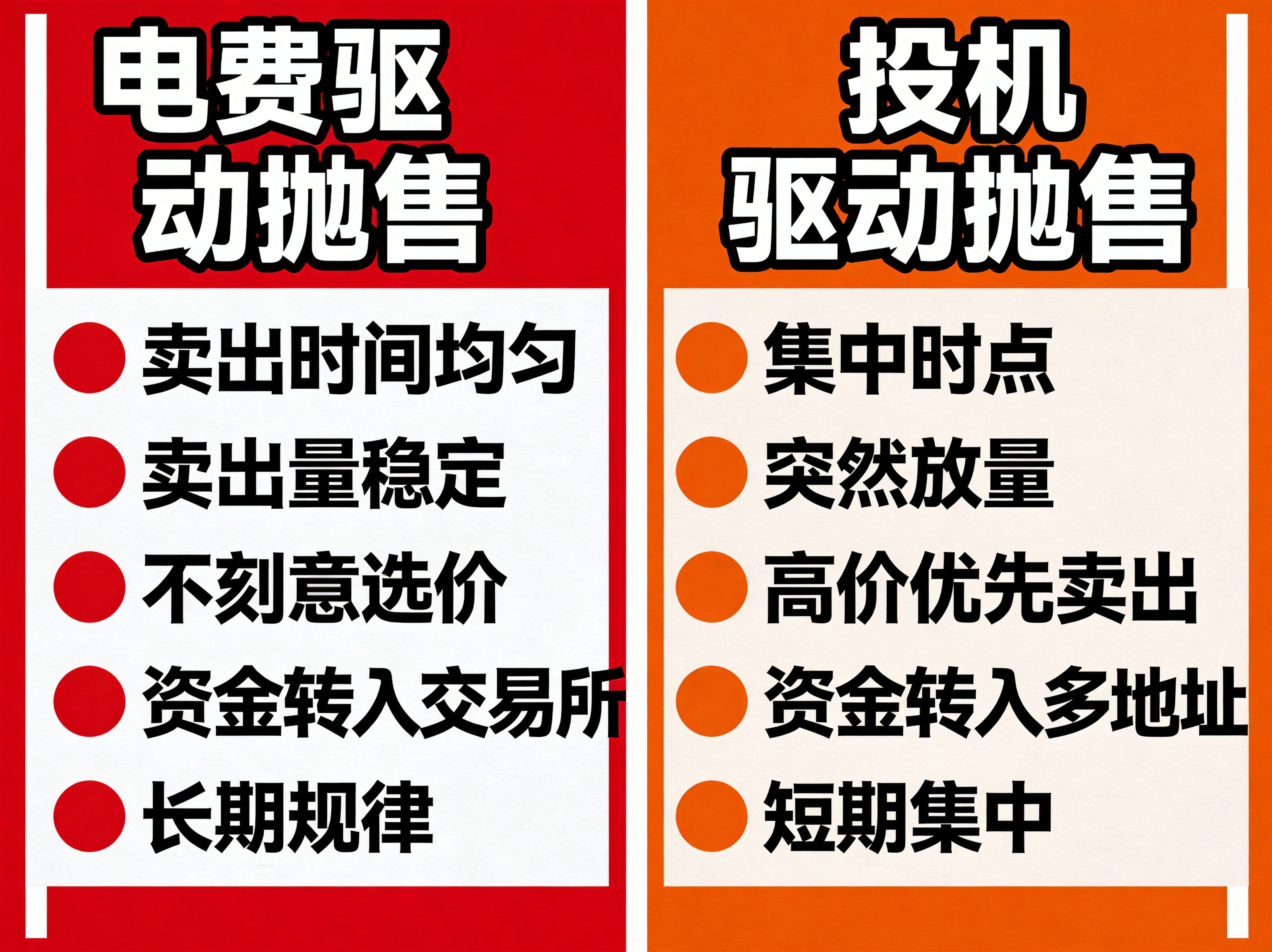 左右对比信息图，左侧红色系展示"电费驱动抛售"的五大特征（卖出时间均匀、卖出量稳定、不刻意选价、资金转入交易所、长期规律），右侧橙色系展示"投机驱动抛售"的五大特征（集中时点、突然放量、高价优先卖出、资金转入多地址、短期集中），特征区分清晰，尺寸2304×1728。