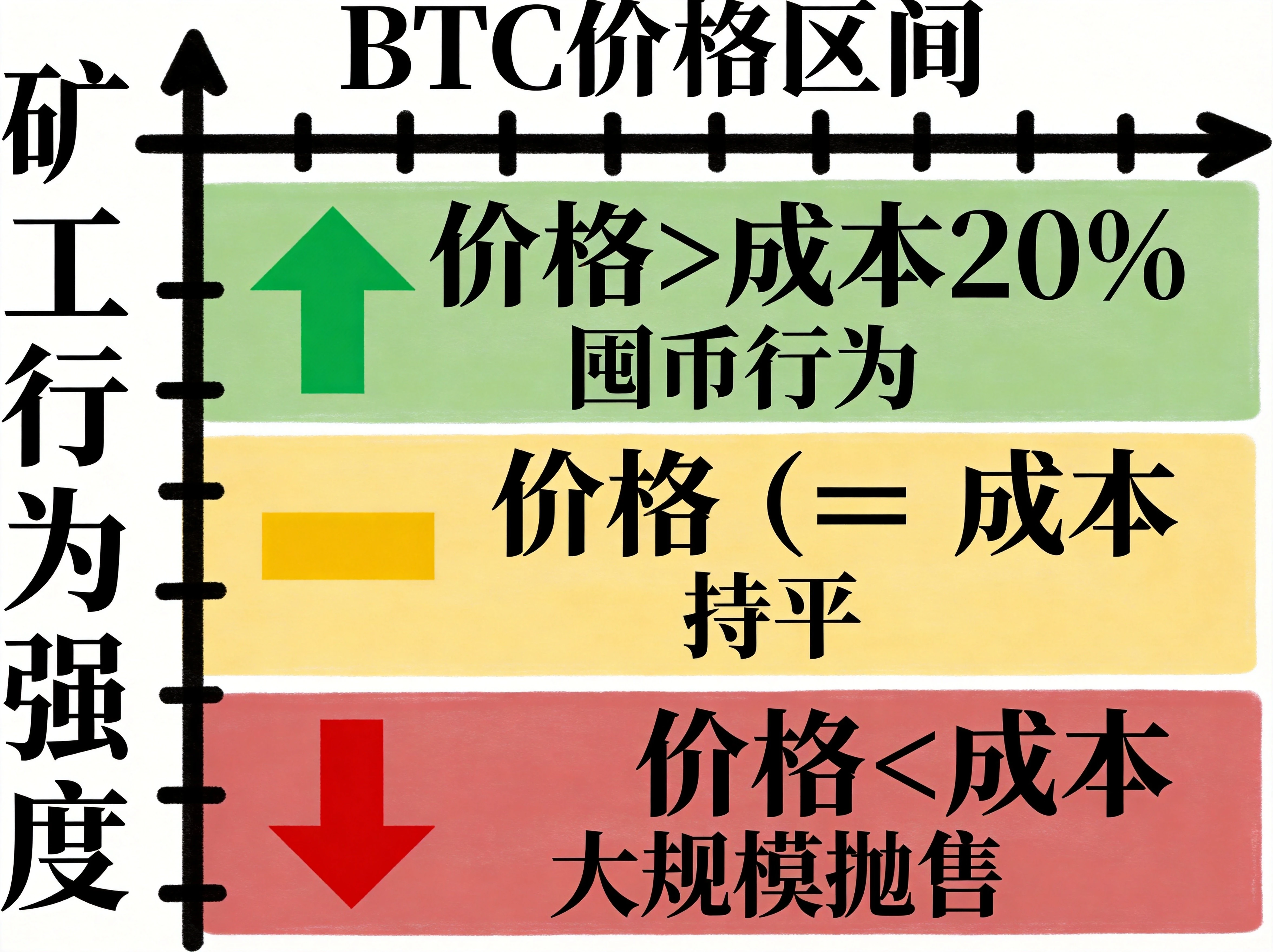 价格-成本关系图，横轴标注BTC价格区间，纵轴为矿工行为强度，用三色区域分别标注：绿色区域（价格>成本20%）对应囤币行为，黄色区域（价格≈成本）对应持平状态，红色区域（价格<成本）对应大规模抛售，每个区域配有信号强度标识，