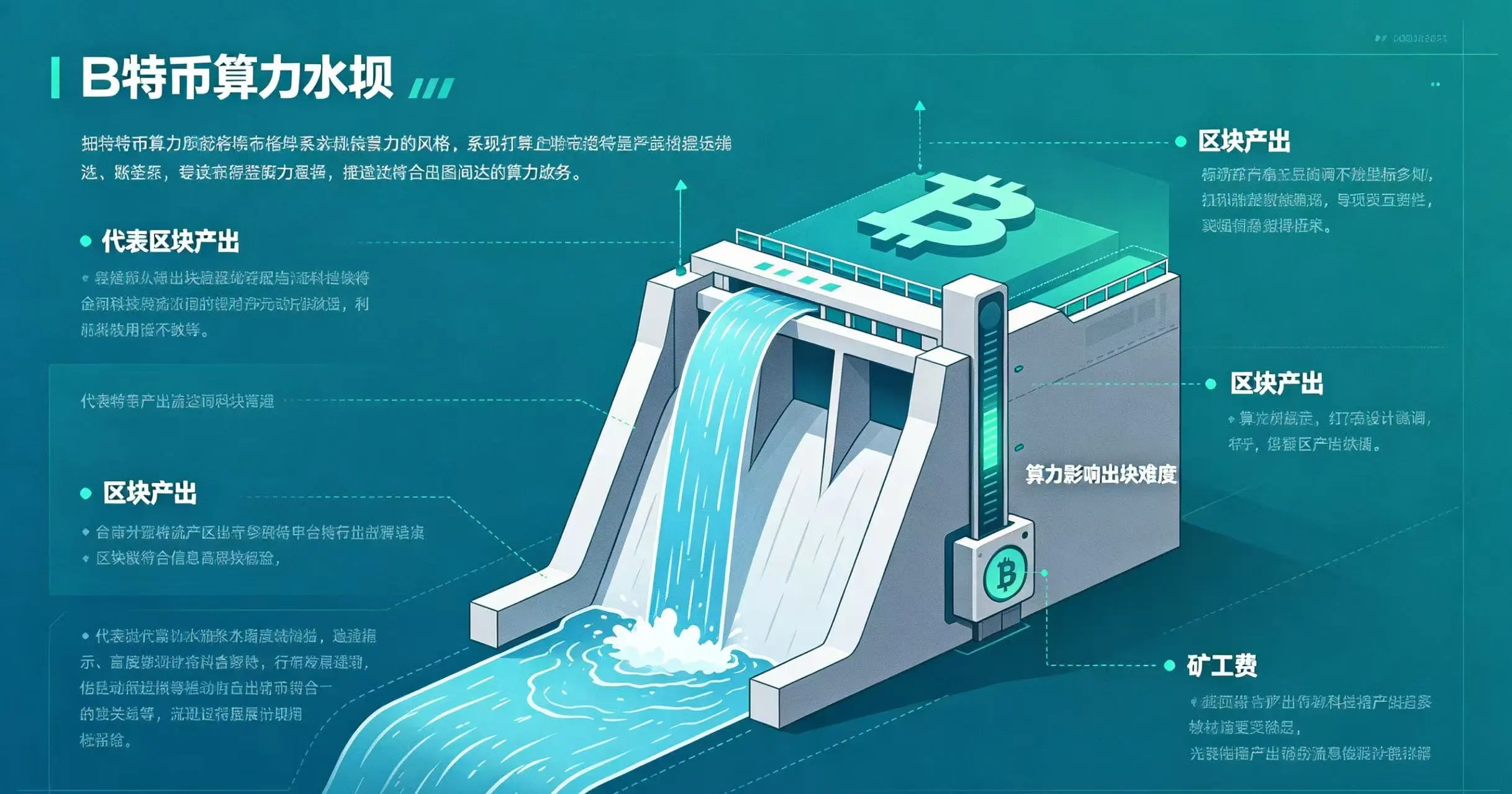 比特币算力水坝示意图，算力影响出块难度而非矿工费