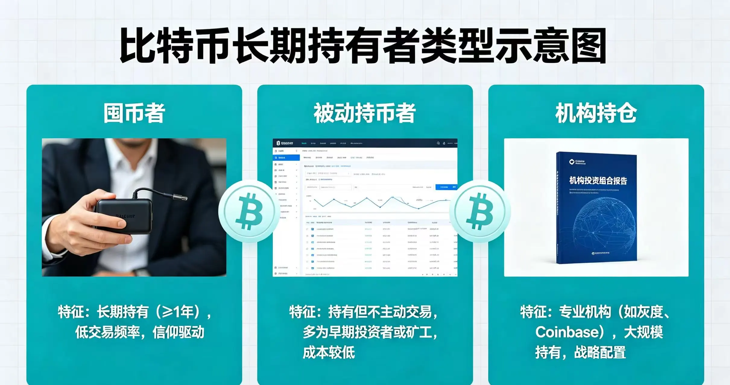 比特币长期持有者类型示意图，清晰展示囤币者、被动持币者、机构持仓三类长期持有者特征