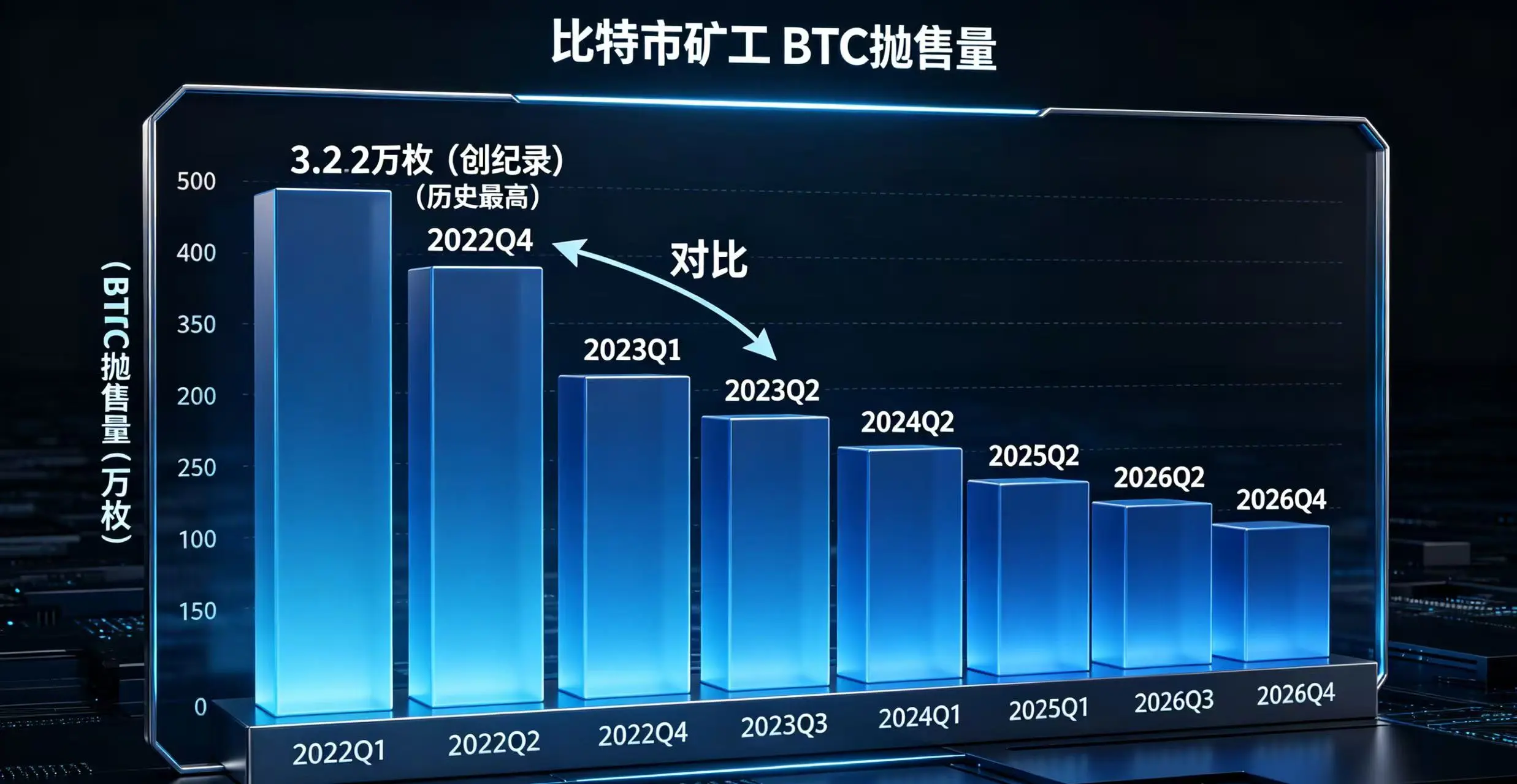  展示 2022 年至 2026 年各季度比特币矿工 BTC 抛售量的柱状图，其中 2026 年第一季度的 3.2 万枚 BTC 创历史新高。