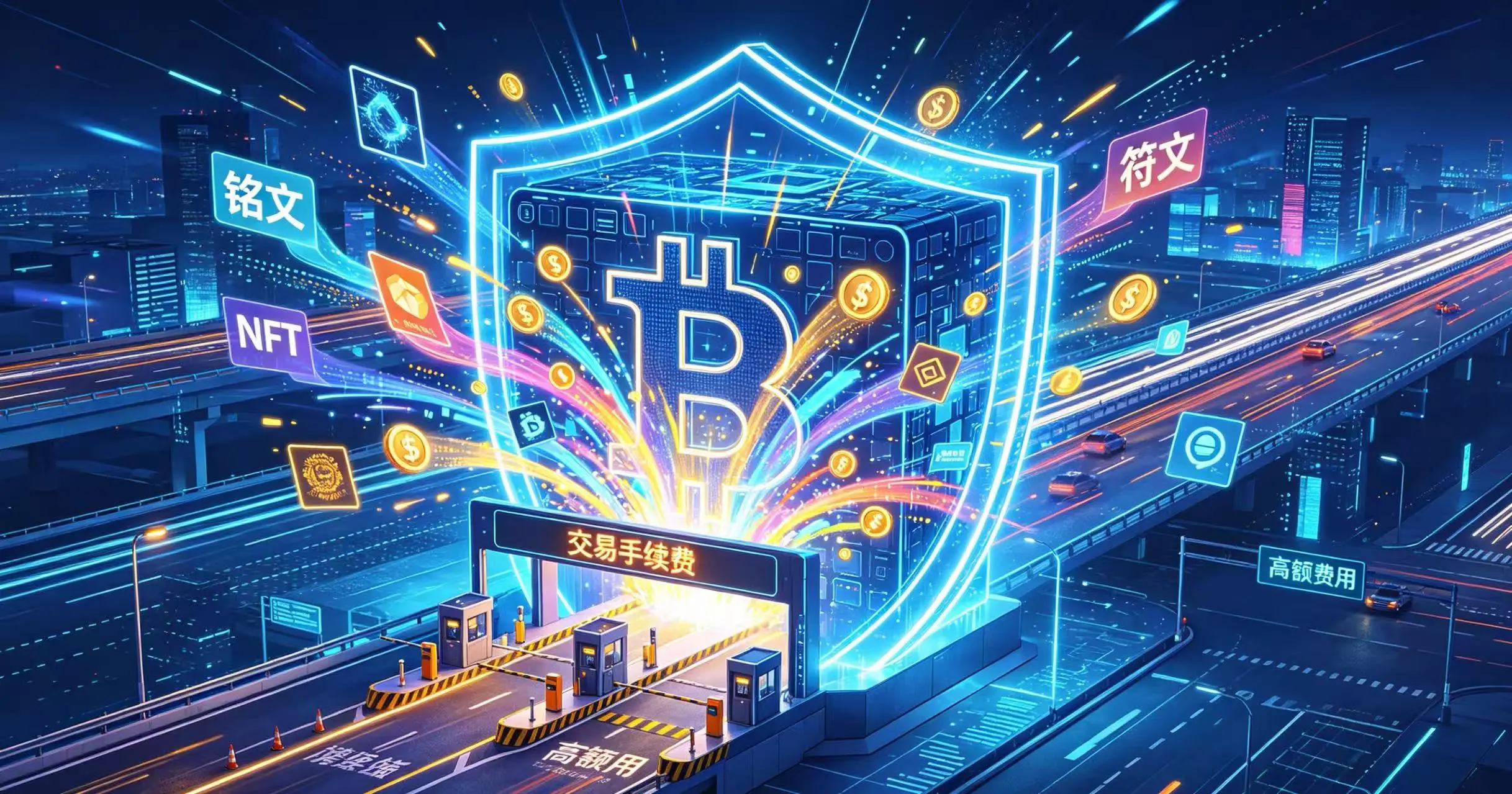 铭文与符文对链上交易影响示意图，通过涌向比特币区块的彩色数据流和 “手续费收费站”，展示了新协议带来的交易需求激增和区块空间竞争加剧。