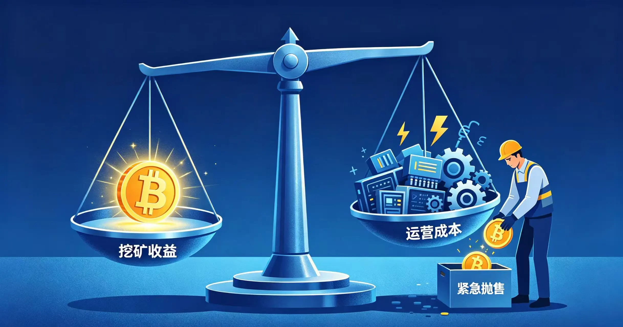 天平向 “运营成本” 一侧沉重倾斜，矿工无奈地将比特币倒入 “紧急抛售” 的箱子。