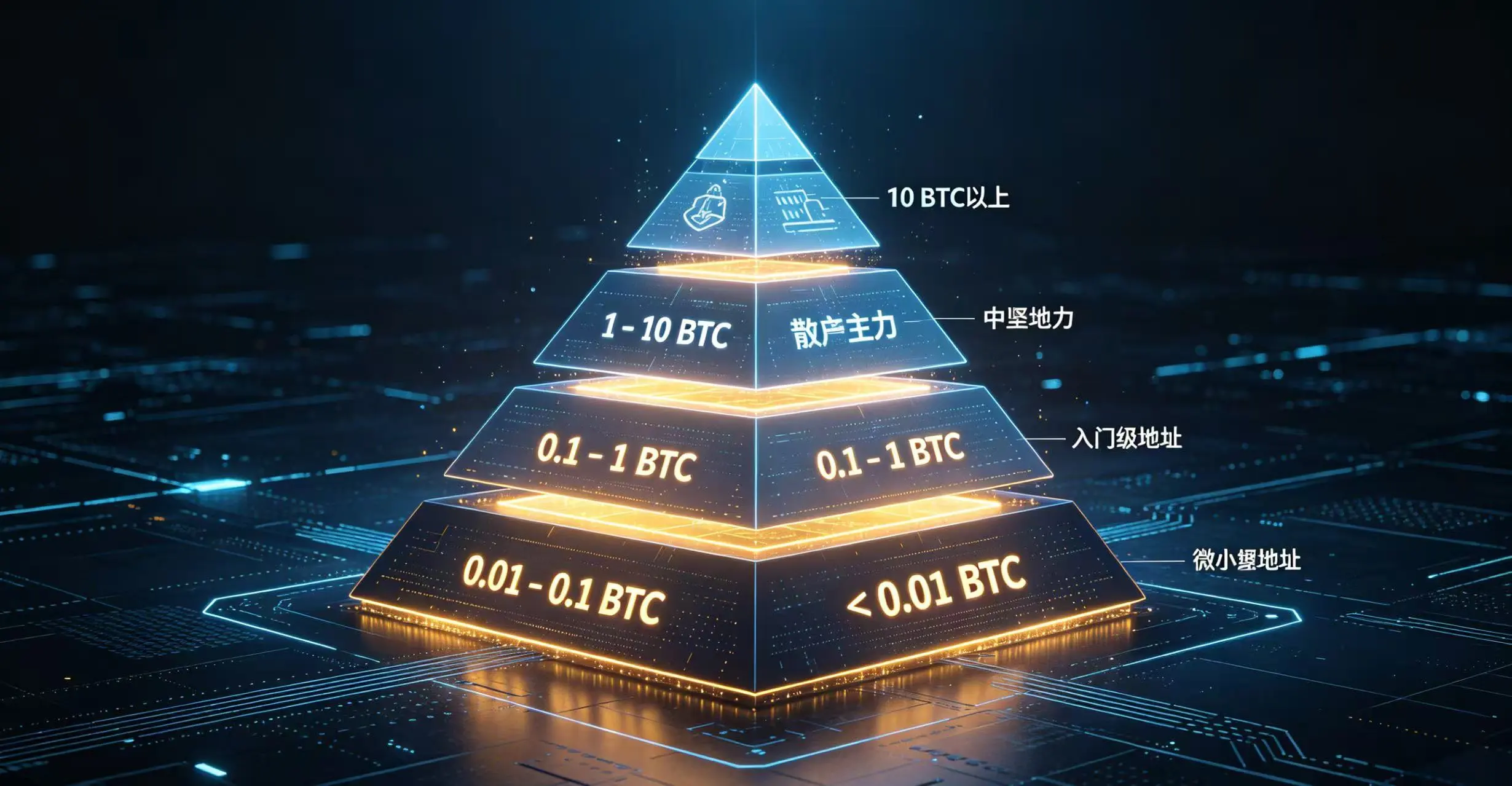 画面中心是一个巨大的发光金字塔，从下到上按持仓量分为五个层次：< 0.01 BTC（最底层，数量最多）、0.01 - 0.1 BTC、0.1 - 1 BTC、1 - 10 BTC、10 BTC 以上（最顶层，数量最少但体积最大）。