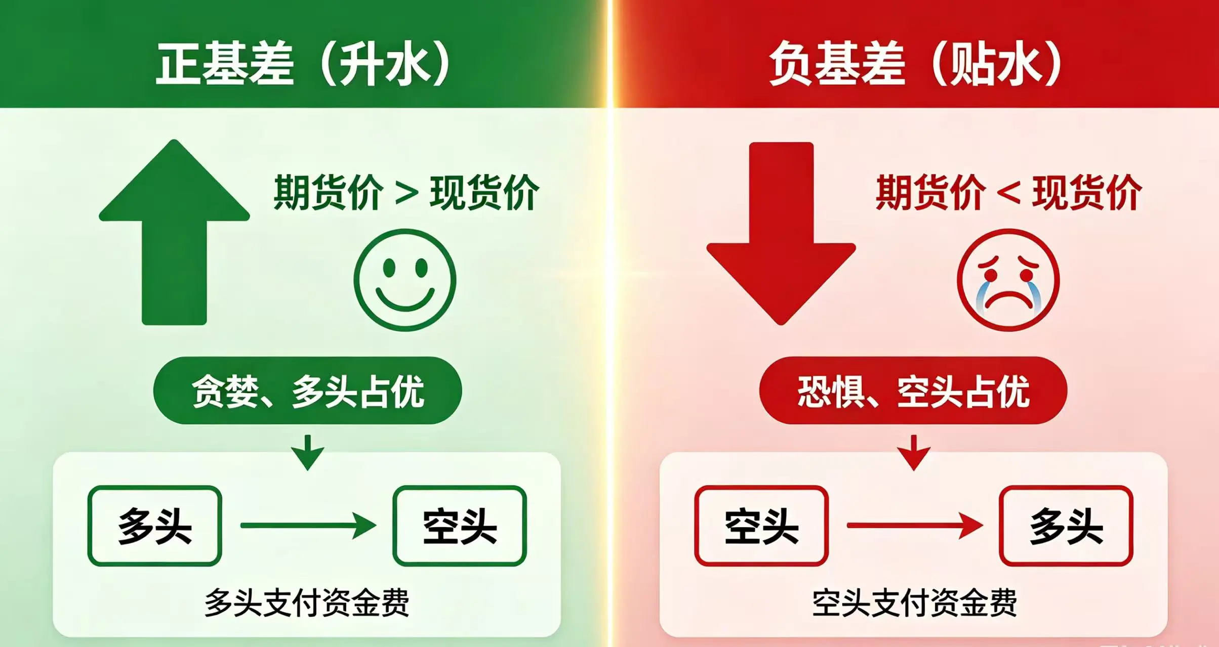  “正基差（升水）” 和 “负基差（贴水）” 在 “期货价与现货价关系”、“市场情绪” 和 “资金流向” 三个关键维度上的不同