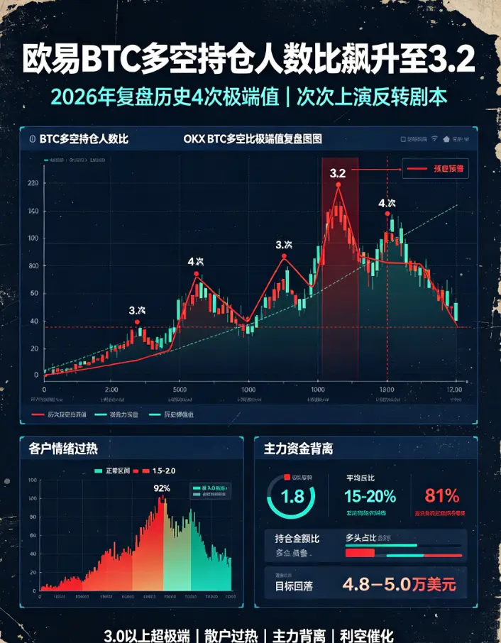BTC多空持仓人数比飙升至3.2：2026年复盘历史4次极端值，次次上演反转剧本