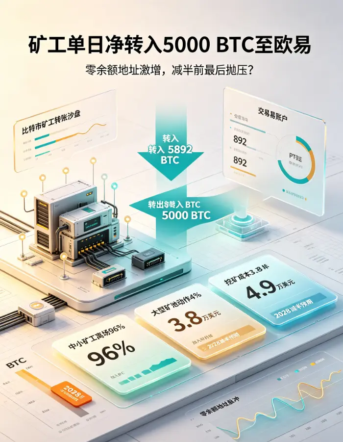 矿工向欧亿单日净转入5,000 BTC：2026年链上矿工地址“零余额”激增，减半前最后一次抛压？